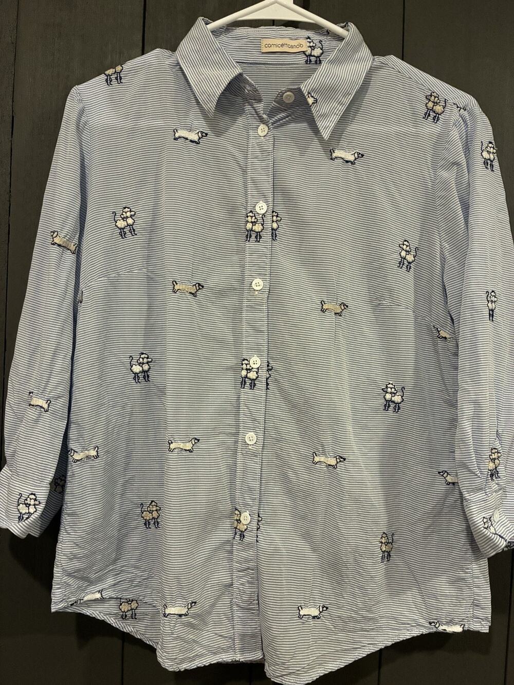 CamicettaSnob Blue Striped Embroidered Dog Button Down Shirt IT 42 women's small